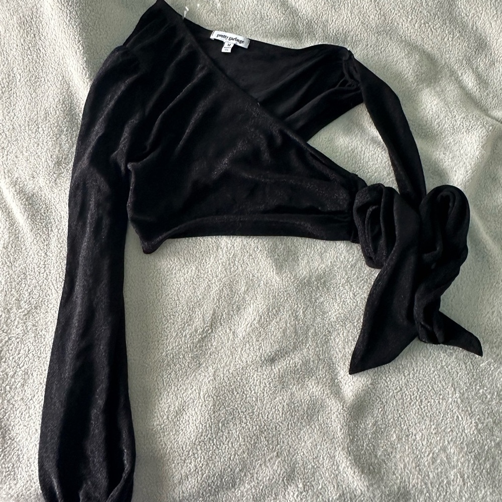Black Wrap Blouse with Asymmetrical Tie Front